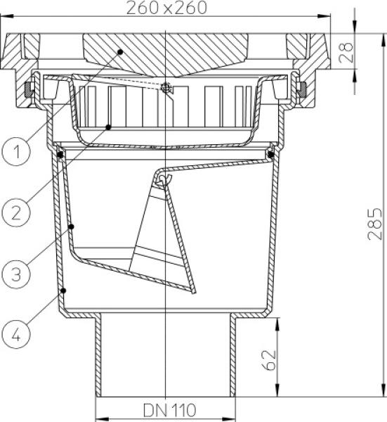 Perfektablauf DN160 senkrecht mit frostsicherer Geruchsklappe, 260x260mm / Gussrost 226x226mm  HL606.1/5